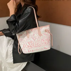 Borsa tote alla moda di grande capacità con graffiti rosa e stampe di gatti