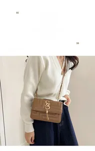 Detailed close-up of brown quilted leather bag with gold S-logo and metal tassel