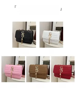 Quilted chain shoulder bags in five colors with gold tassel hardware and leather straps