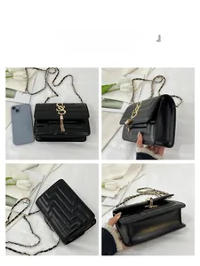 Multi-angle view of black quilted crossbody bag with gold chain and tassel detail