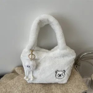 Sac à main blanc en peluche avec broderie ours et charm œil fantaisie
