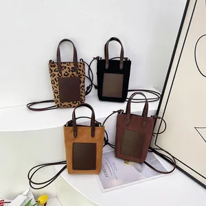 Women Minimalist Nubuck PU Mini Tote Bag Retro Contrast Color Crossbody Bag Small Handbag Square Cell Phone Shoulder Bag