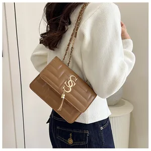 Detail of brown quilted square bag with gold hardware, chain strap and tassel charm