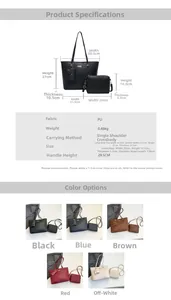 Detailed view of the 3-piece tote bag set dimensions and available color options