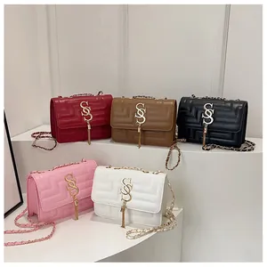 French Style Quilted Small Square Bag For Women PU Leather Crossbody Bag With Tassel Metal Logo Chain Shoulder Bag Purse