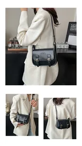 Three-way view of a black vintage PU leather saddle bag with fashion logo detail