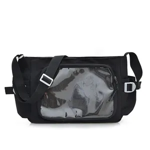 Bolso bandolera negro estilo japonés con bolsillo de PVC transparente y correa ajustable