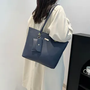 Minimalist navy blue leather tote bag set with detachable coin purse for women's commuting