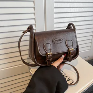 Women's Retro British PU Leather Crossbody Bag Minimalist Square Saddle Bag With Double Buckle Magnetic Closure Shoulder Bag