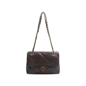 Retro dunkelbraune gesteppte Leder-Schultertasche mit Karomuster und Kettenriemen