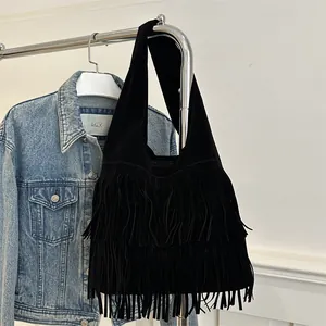 Women Vintage Suede Look Tassel Tote Bag Maillard Style Large Capacity Fringe Shoulder Bag Fashion Underarm Handbag