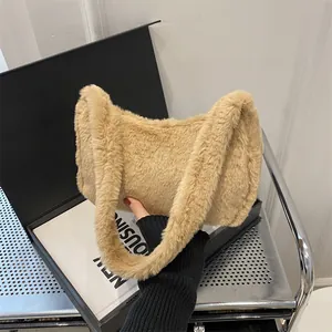 Chic khaki faux fur shoulder bag with soft plush texture for autumn winter fashion