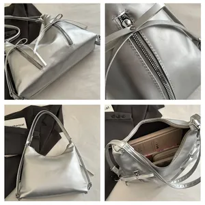 Détails du sac à bandoulière en PU argenté métallisé avec nœud et intérieur spacieux