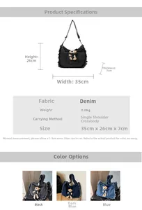 Detailed view of denim tote bag dimensions and plush bear charm feature