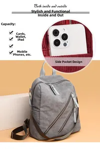 Close-up of grey corduroy backpack texture with side pockets and decorative zippers