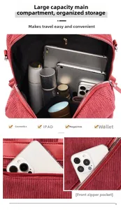 Detailed interior of red corduroy backpack showing large capacity for tablet and items