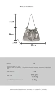 Detailed size chart for silver PU pleated tote bag showing 33cm width and 26cm height
