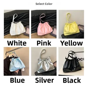 Collage of pleated drawstring tote bags in six colors with a metallic bow logo detail