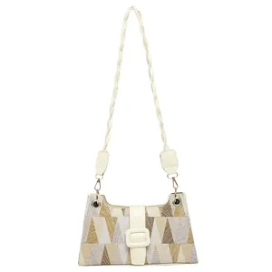 Sac bandoulière minimaliste à motifs géométriques avec contraste beige brun et sangle