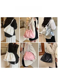 Detail shots of pleated drawstring cloud bags in white, pink, silver, and black colors