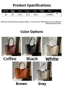 Tableau des tailles et options de couleurs pour le grand sac cabas en similicuir PU