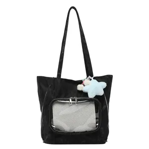 Japanese style black pleated tote bag with clear PVC window and star plush charm accessory
