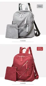 Detail view of corduroy backpack in grey and red colors with matching mini pouches