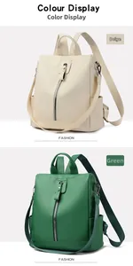 Detail view of minimalist lychee-textured backpacks in off-white and green colors