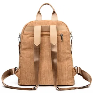 Fashionable khaki corduroy backpack for women featuring back anti-theft zipper and straps