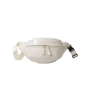 Minimalist cream white sports waist bag with smooth PU leather and adjustable strap