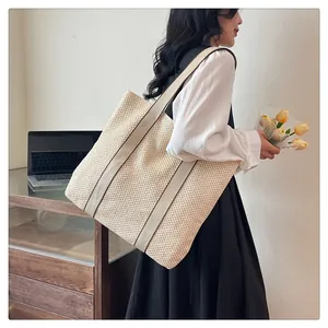 Large capacity woven straw tote bag with fabric handles for summer beach and daily use