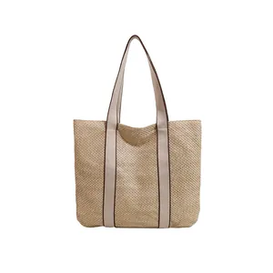 Large capacity woven straw tote bag with khaki fabric handles for beach and casual use
