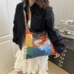 Damen Große Kapazität Patchwork Tragetasche Lässig Leinwand Denim Blumen Schultertasche Ethnisch Böhmisch Stil Täglich Handtasche