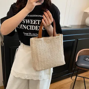 Sac seau en paille tissée avec poignées marron, grand sac de plage pour femmes