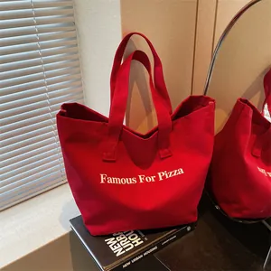 Große rote Canvas-Einkaufstasche mit Famous For Pizza Aufdruck für Pendler und Freizeit