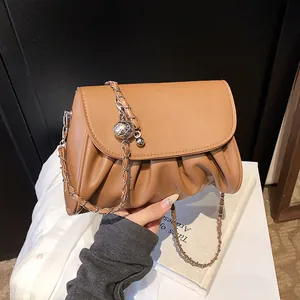 Women Ruched PU Leather Crossbody Bag Pleated Shoulder Bag With Metal Chain Strap And Ball Pendant Fashion Daily