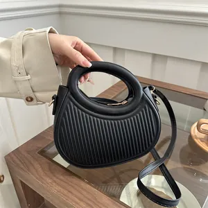 Borsa a Mano Plissettata in Pelle PU Minimalista Donna Tinta Unita Mezzaluna Tracolla Manico Circolare Tracolla Regolabile