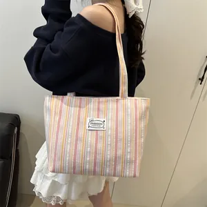 Bolso tote de lona a rayas con etiqueta de moda, bolso de hombro amplio para mujer