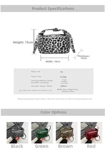 Infographic showing dimensions and color options for the leopard print mini pillow bag