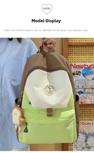 Detail eines Farblock-Canvas-Rucksacks mit süßem Toast-Plüschtier, getragen vom Modell