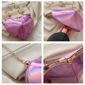 Detailed views of a heart-shaped pink laser bag with golden chain and dual zipper closure
