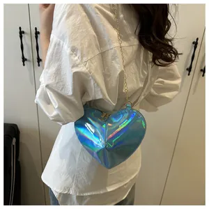 Fashionable heart-shaped laser blue crossbody bag with gold chain strap detail