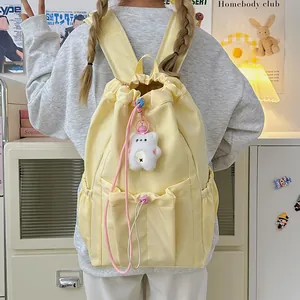 Mochila Con Cordón Dulce Para Mujer Nylon Color Sólido Bolsa Escolar Para Adolescentes Estudiante Viaje Mochila Reducción De Carga Con Colgante De Oso