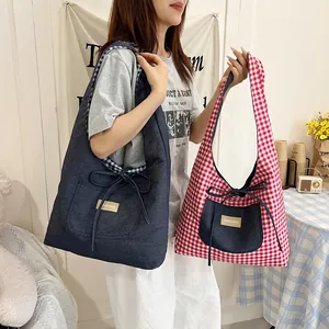 Large capacity denim tote bag with red plaid pattern and decorative bow ribbons