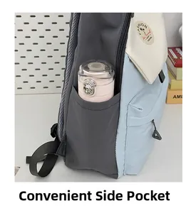 Detail der praktischen Seitentasche am Nylon-Rucksack in Color-Block-Optik mit Trinkflasche