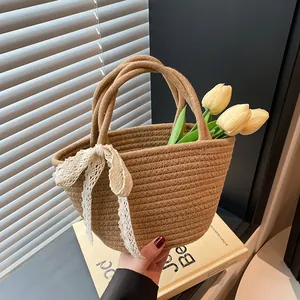 Grand Sac Cabas en Paille Tissée pour Femme Avec Nœud en Dentelle Style Pastoral Sac de Plage d'été Sac de Voyage
