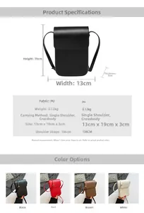 Detailed spec sheet showing PU leather crossbody phone bag dimensions and 4 color options