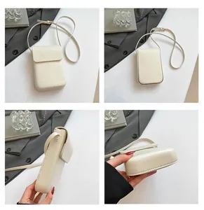 Detailed views showing the cream white faux leather crossbody phone bag from all angles