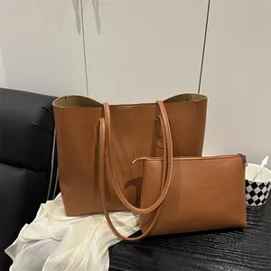 Women PU Leather Tote Bag And Pouch Large Capacity Minimalist Commute Shoulder Bag Solid Color Fashion Handbag Office Daily