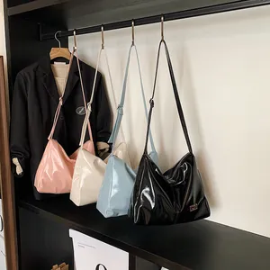 Women's Glossy PU Leather Large Capacity Shoulder Bag Minimalist Hobo Tote Crossbody Handbag For Commuting Daily Wear